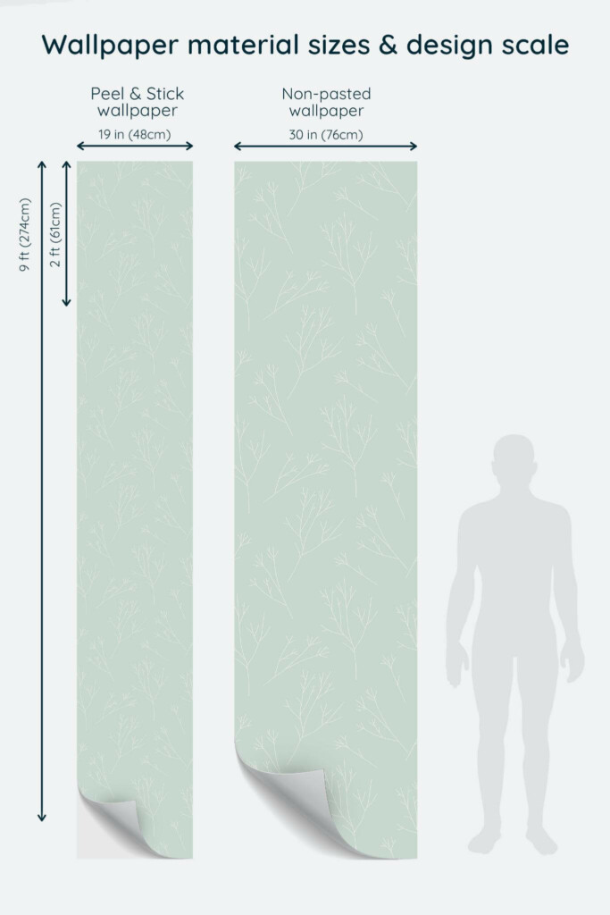 Size comparison of Minimalist branch Peel & Stick and Non-pasted wallpapers with design scale relative to human figure