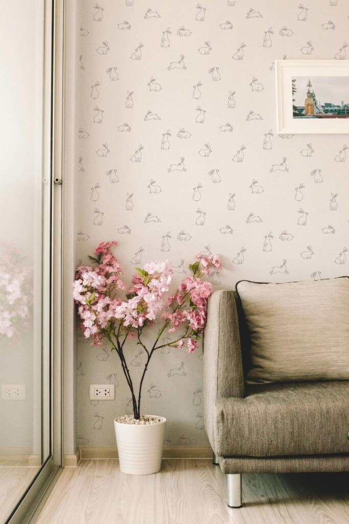 Modern farmhouse style living room decorated with Minimalist bunny peel and stick wallpaper