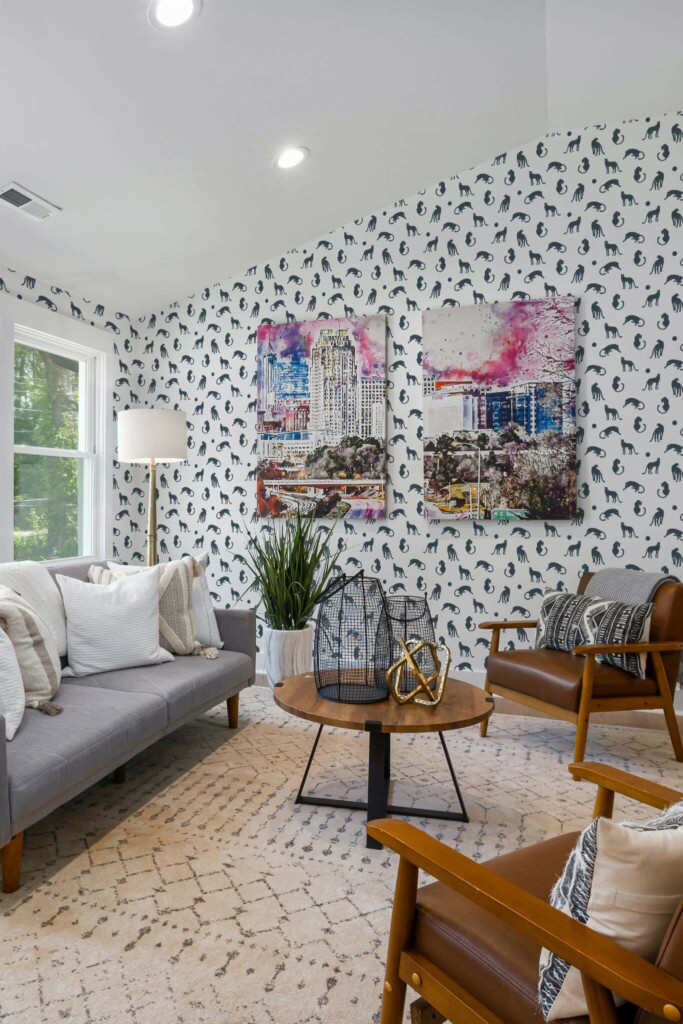 Mid-century modern style living room decorated with Minimalist cat peel and stick wallpaper and colorful funky artwork
