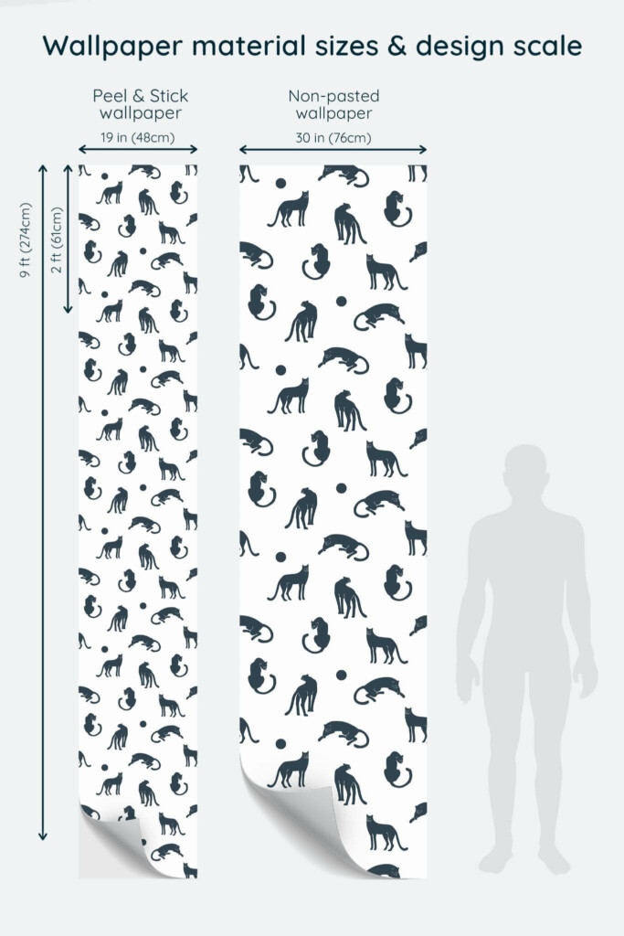 Size comparison of Minimalist cat Peel & Stick and Non-pasted wallpapers with design scale relative to human figure