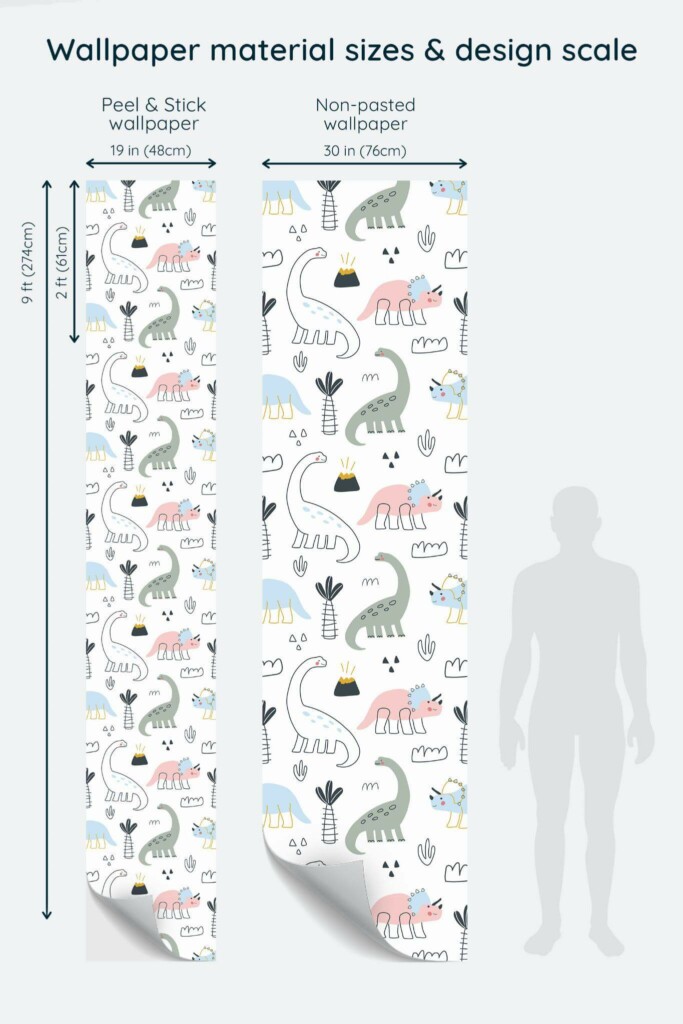 Size comparison of Minimalist dinosaur Peel & Stick and Non-pasted wallpapers with design scale relative to human figure
