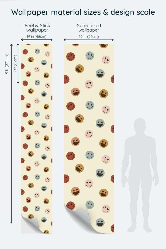 Size comparison of Minimalist emoji Peel & Stick and Non-pasted wallpapers with design scale relative to human figure