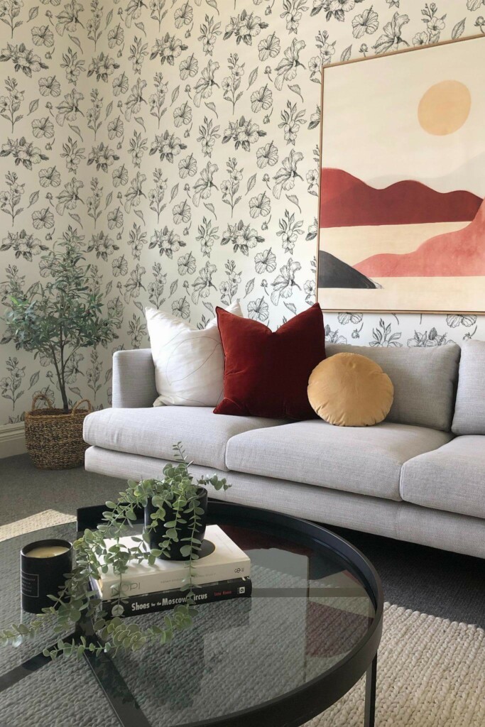 Boho style living room decorated with Minimalist floral peel and stick wallpaper