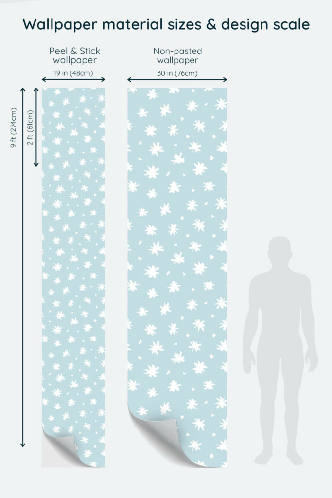 Size comparison of Minimalist floral Peel & Stick and Non-pasted wallpapers with design scale relative to human figure