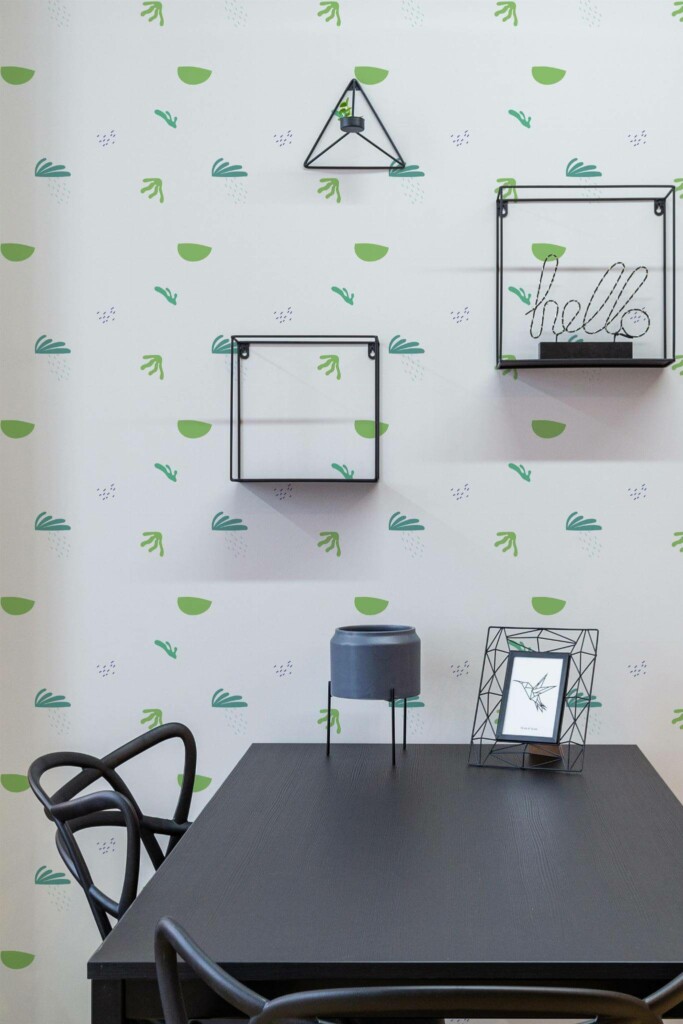 Industrial modern style dining room decorated with Minimalist green leaf peel and stick wallpaper