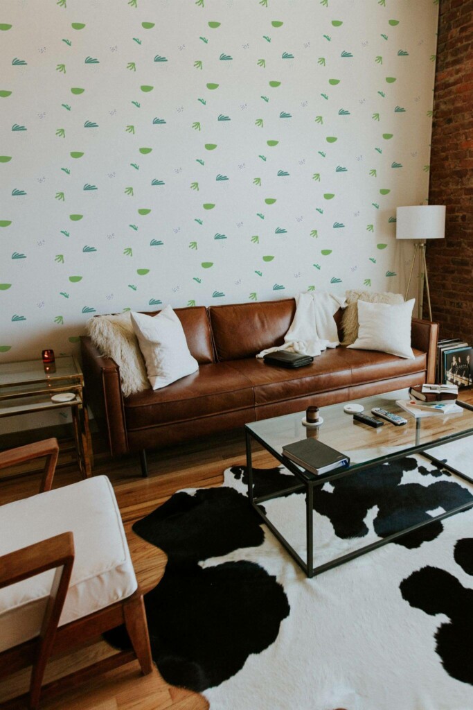 Mid-century modern style living room decorated with Minimalist green leaf peel and stick wallpaper