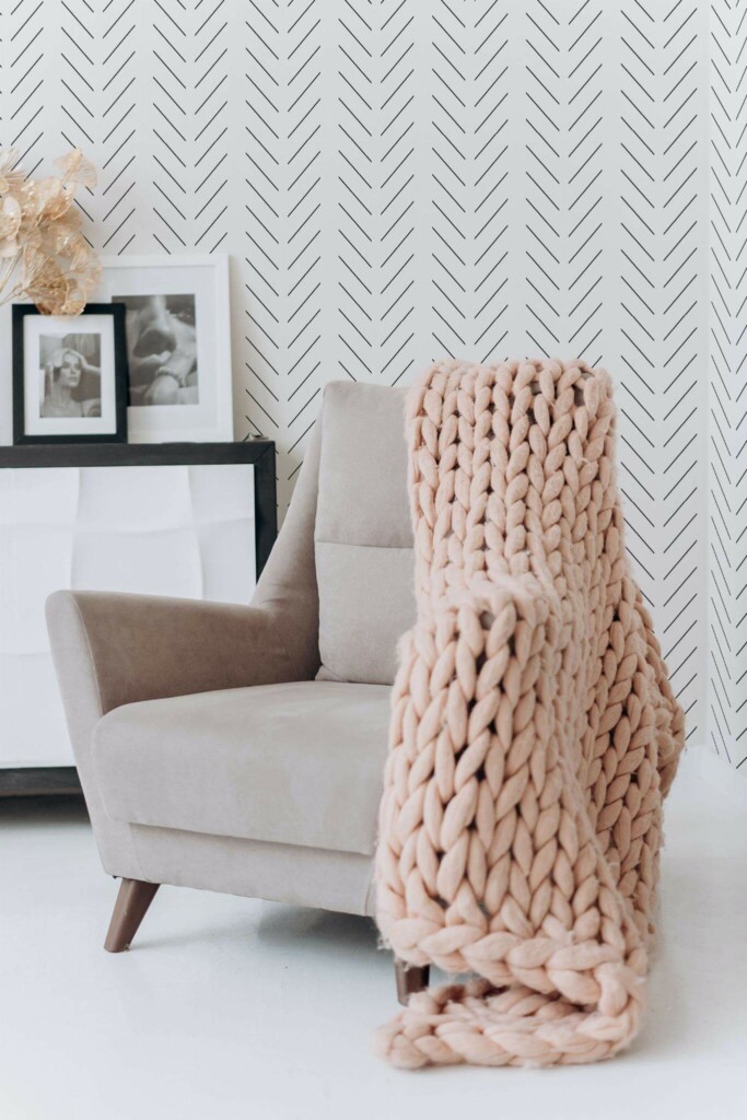 Boho style living room decorated with Minimalist Herringbone peel and stick wallpaper