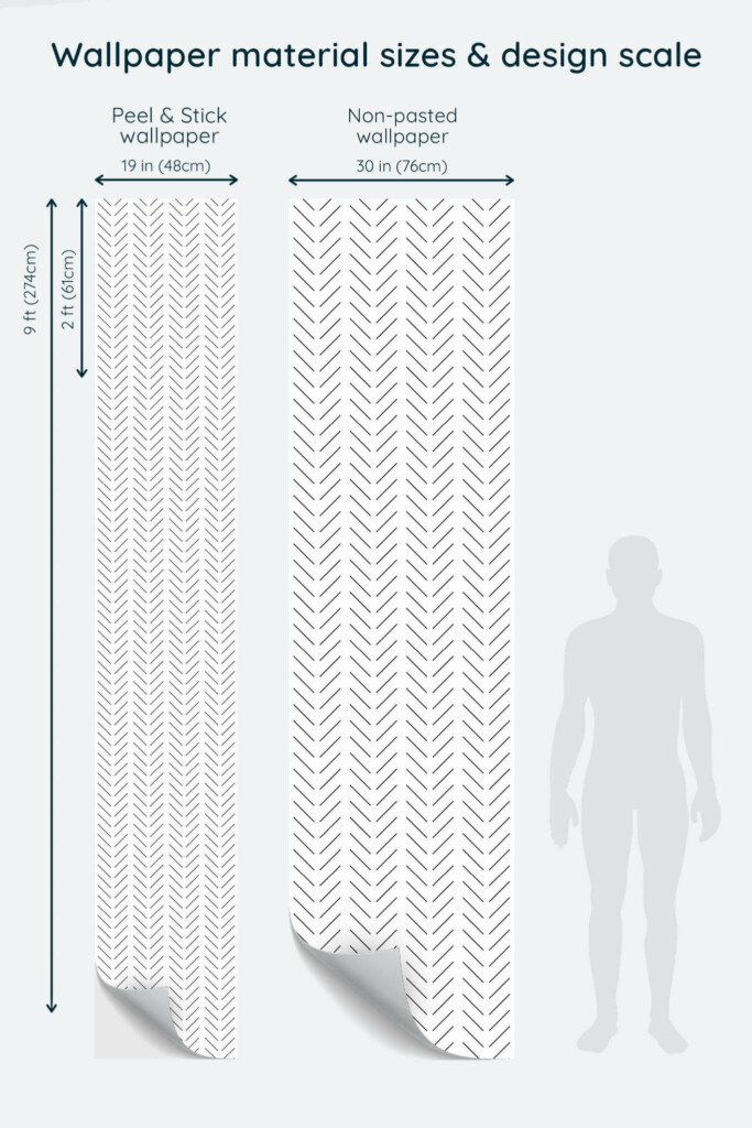Size comparison of Minimalist herringbone Peel & Stick and Non-pasted wallpapers with design scale relative to human figure