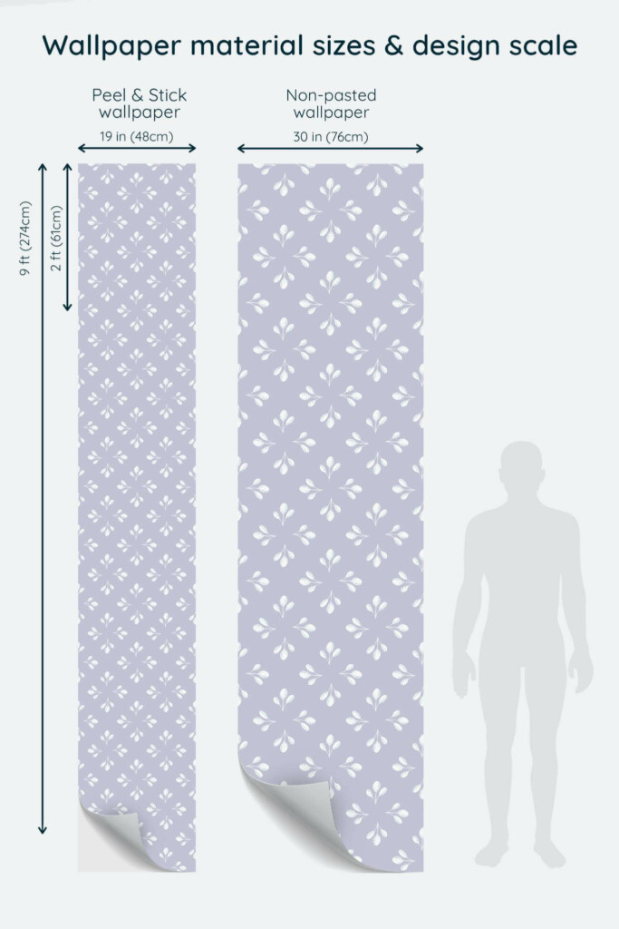 Size comparison of Minimalist leaf Peel & Stick and Non-pasted wallpapers with design scale relative to human figure