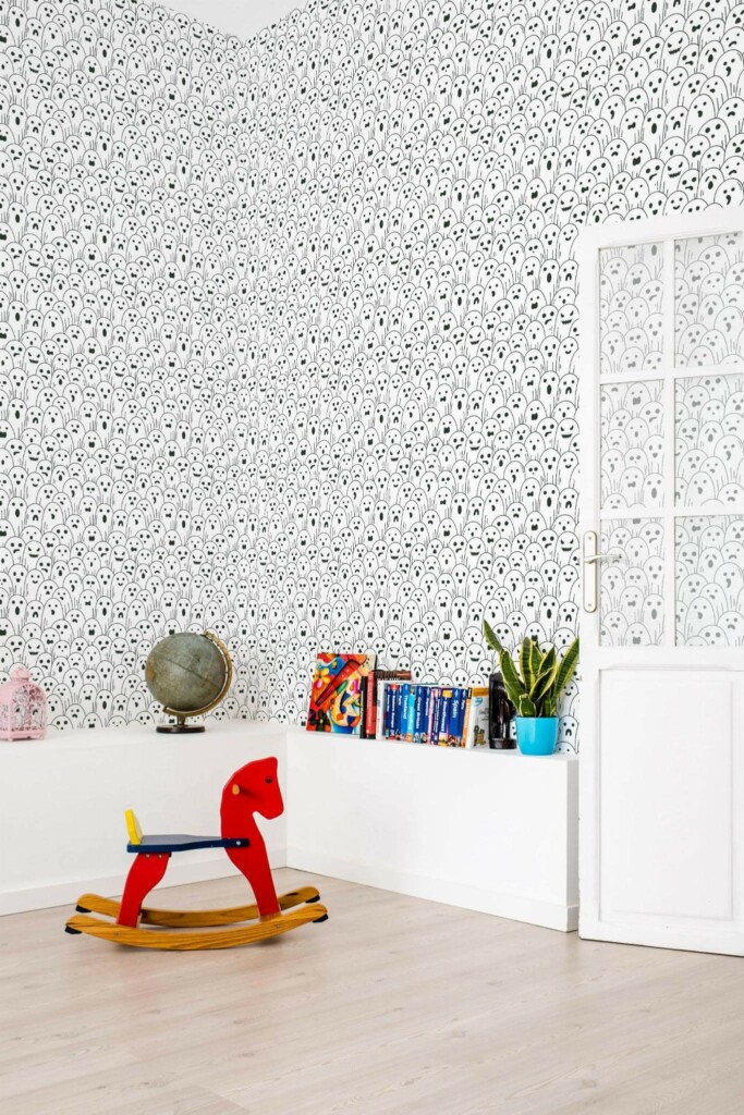 Scandinavian style kids room decorated with Minimalist Monochrome Ghost peel and stick wallpaper