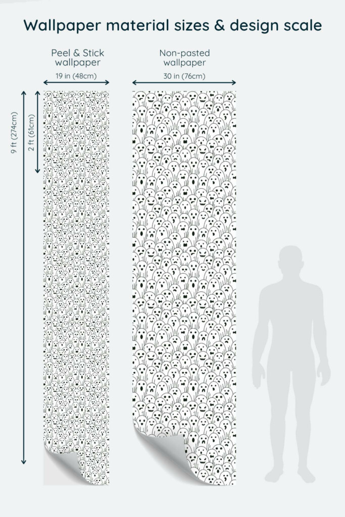 Size comparison of Minimalist Monochrome Ghost Peel & Stick and Non-pasted wallpapers with design scale relative to human figure