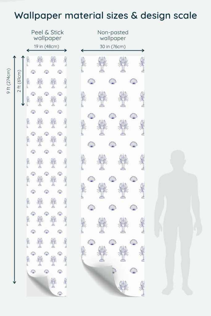 Size comparison of Minimalist nautical Peel & Stick and Non-pasted wallpapers with design scale relative to human figure