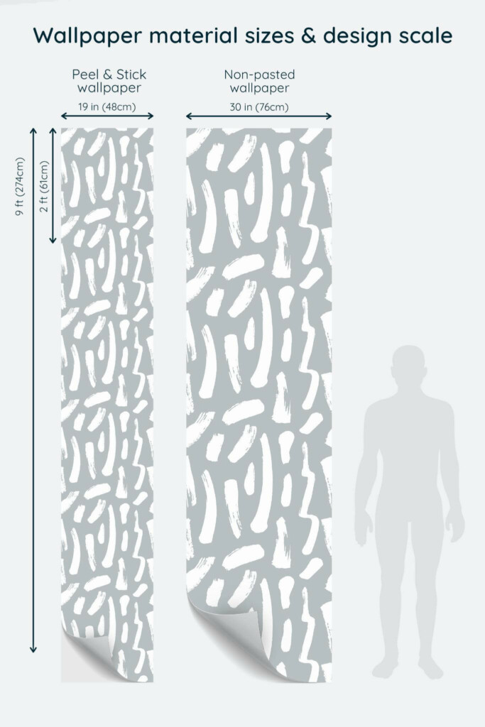 Size comparison of Minimalist paint brush stroke Peel & Stick and Non-pasted wallpapers with design scale relative to human figure
