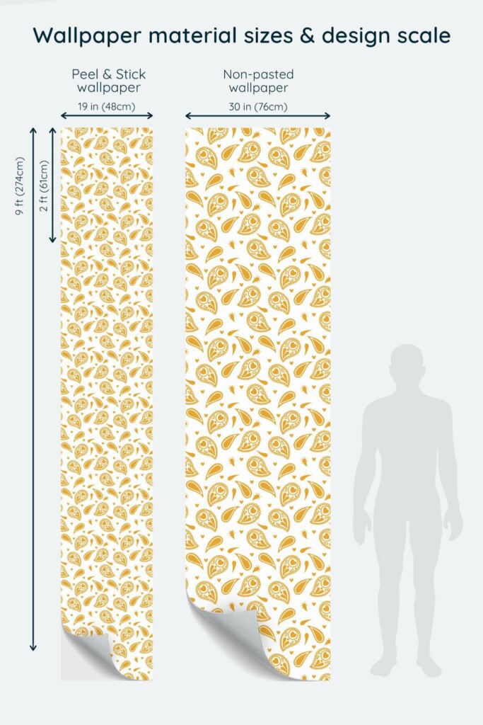 Size comparison of Minimalist paisley Peel & Stick and Non-pasted wallpapers with design scale relative to human figure