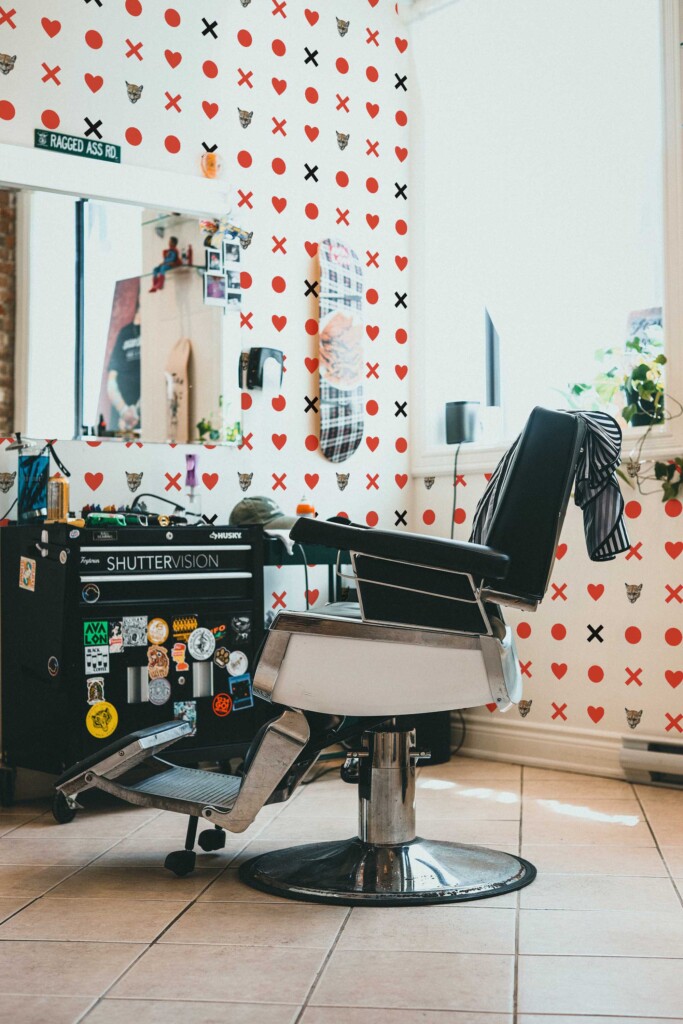 Fancy Walls self-adhesive wallpaper with red hearts and puma print