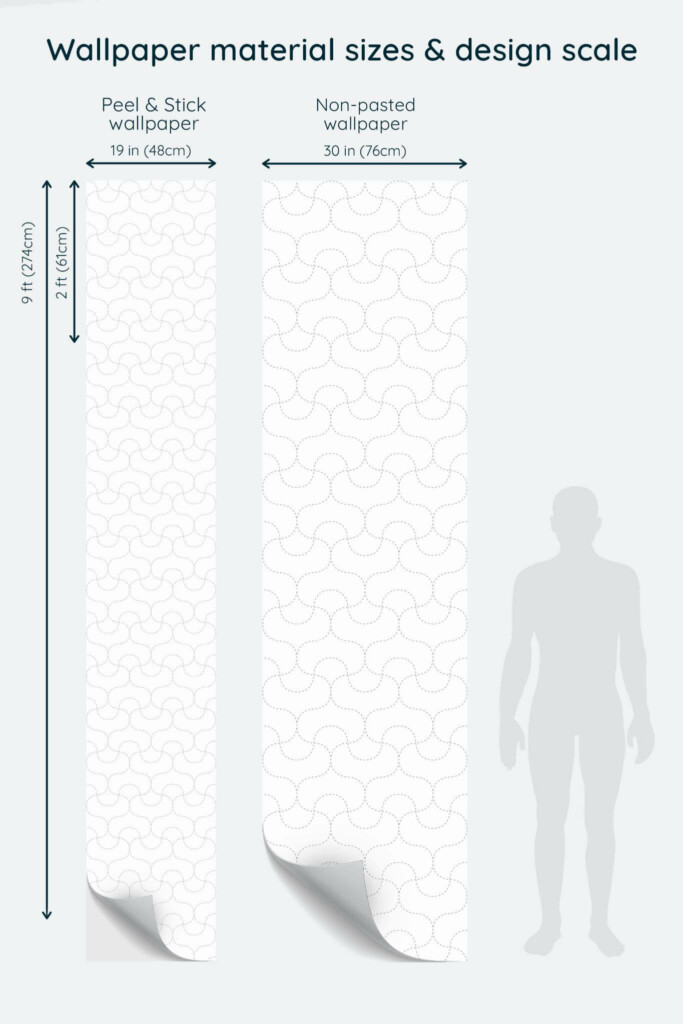 Size comparison of Minimalist retro Peel & Stick and Non-pasted wallpapers with design scale relative to human figure