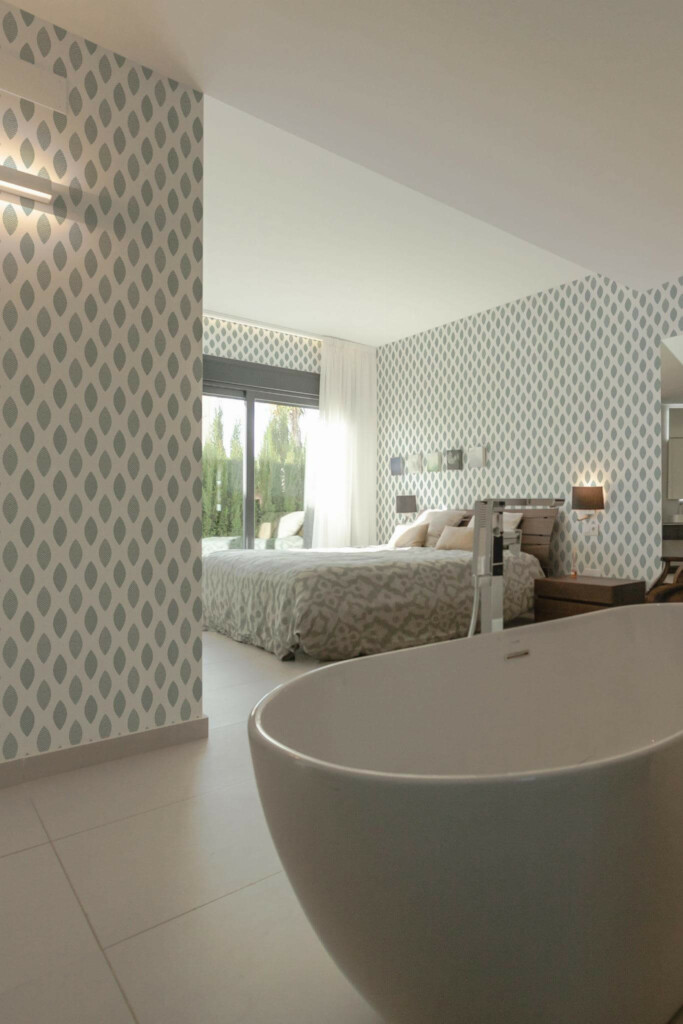 Modern style bedroom with open bathroom decorated with Minimalist seamless Leaf peel and stick wallpaper