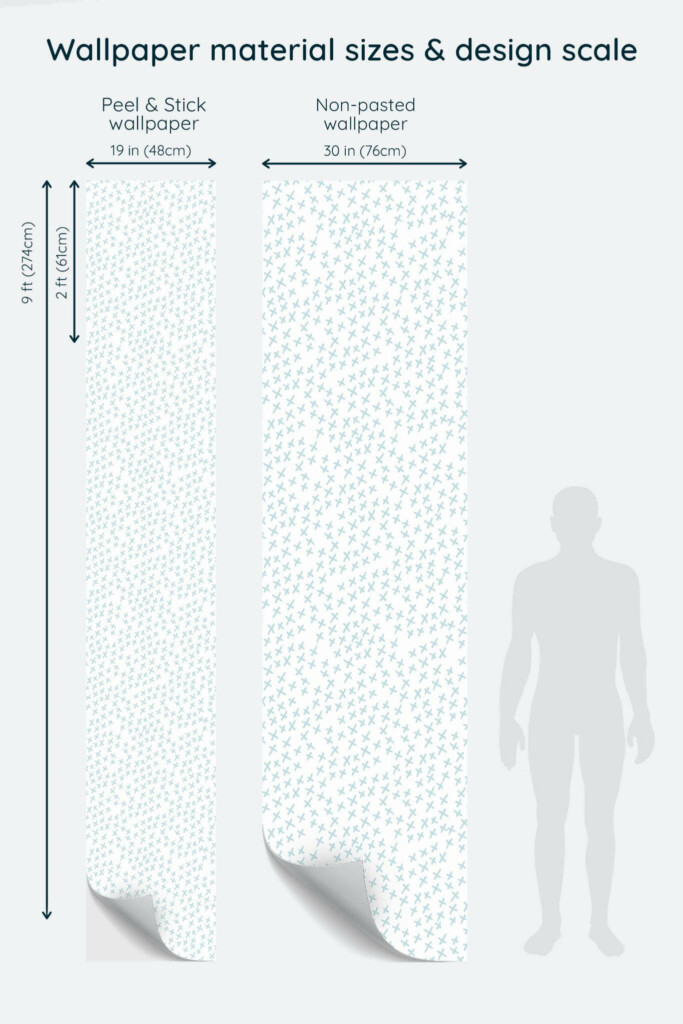 Size comparison of Minimalist simple Peel & Stick and Non-pasted wallpapers with design scale relative to human figure