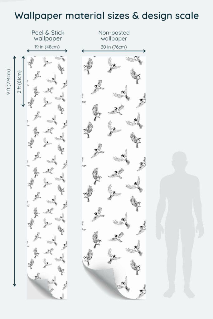 Size comparison of Minimalist sparrow Peel & Stick and Non-pasted wallpapers with design scale relative to human figure