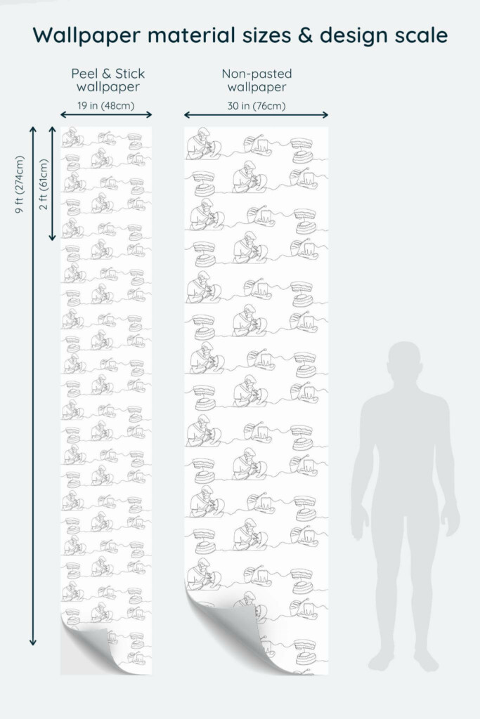 Size comparison of Minimalist stomatology Peel & Stick and Non-pasted wallpapers with design scale relative to human figure