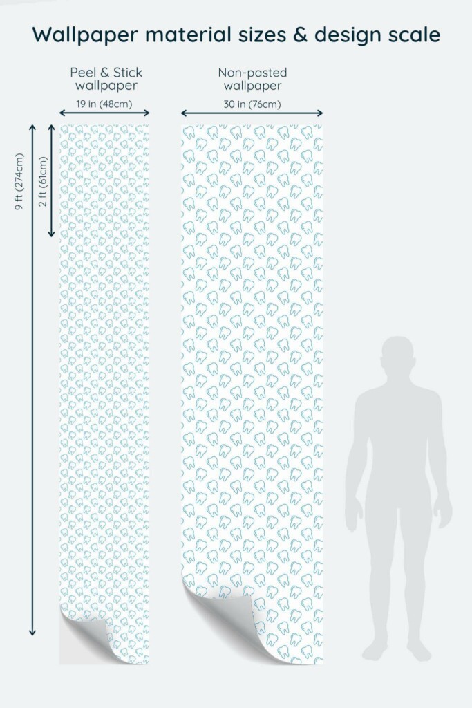 Size comparison of Minimalist teeth Peel & Stick and Non-pasted wallpapers with design scale relative to human figure