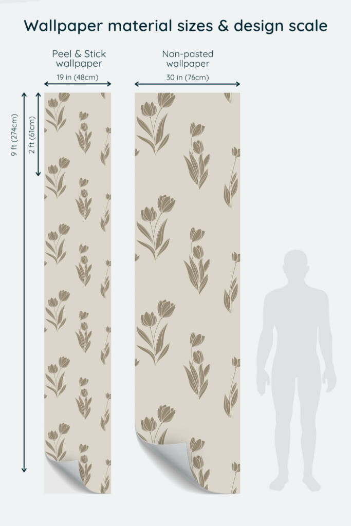 Size comparison of Minimalist tulips Peel & Stick and Non-pasted wallpapers with design scale relative to human figure