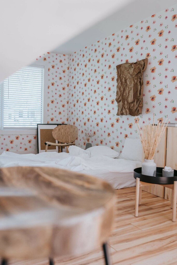 Boho style bedroom decorated with Minimalist Watercolor floral peel and stick wallpaper