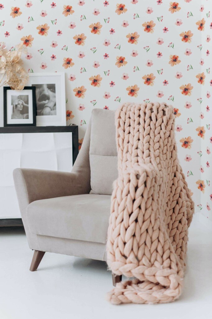 Boho style living room decorated with Minimalist Watercolor floral peel and stick wallpaper
