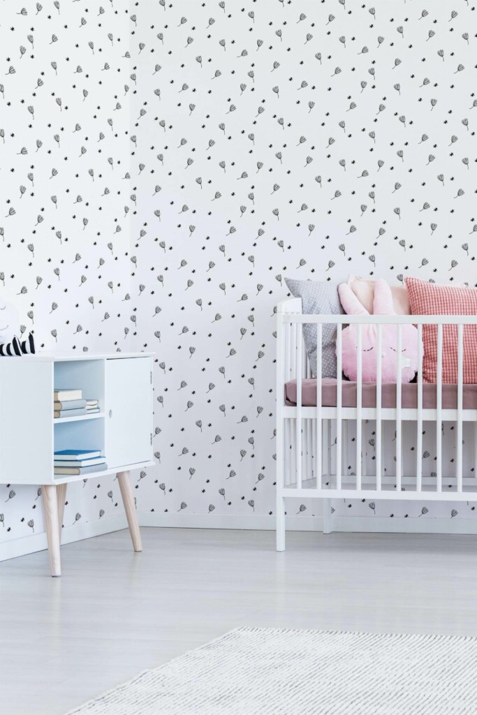 Minimal girly style nursery decorated with Minimalistic dandelion floral peel and stick wallpaper