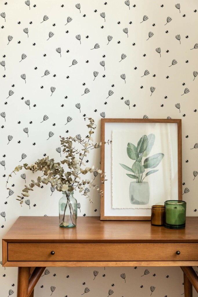 Mid-century modern style living room decorated with Minimalistic dandelion floral peel and stick wallpaper