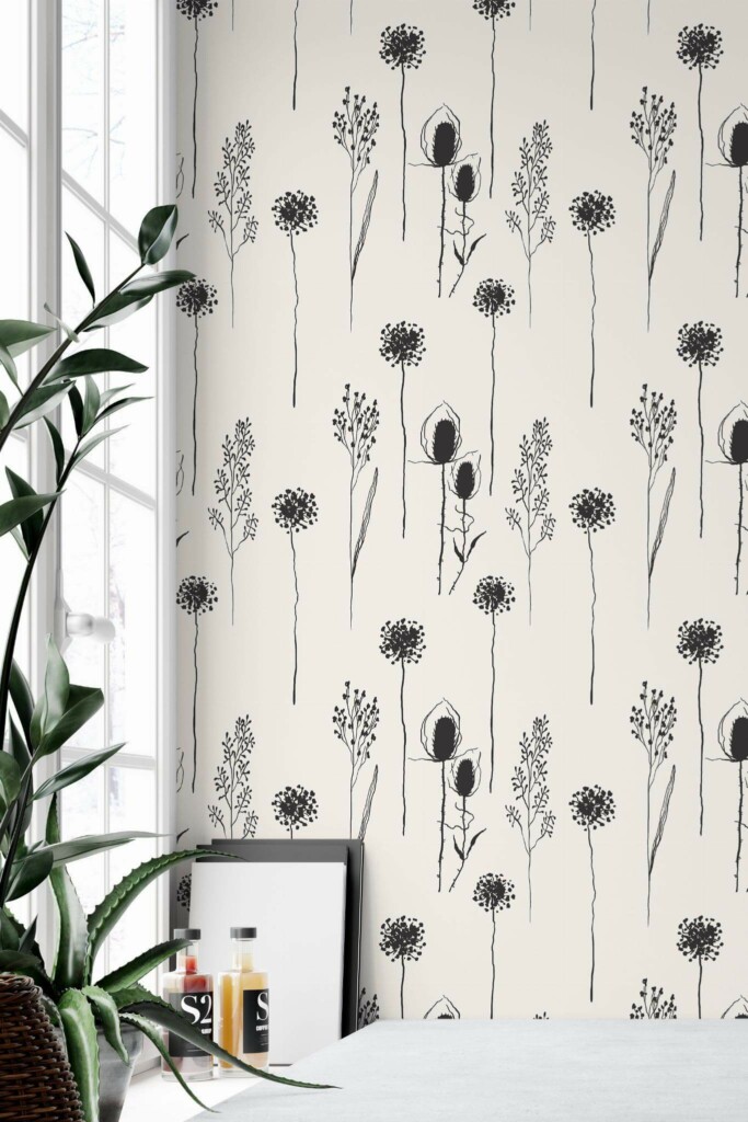 Minimal style home office decorated with Minimalistic flower peel and stick wallpaper