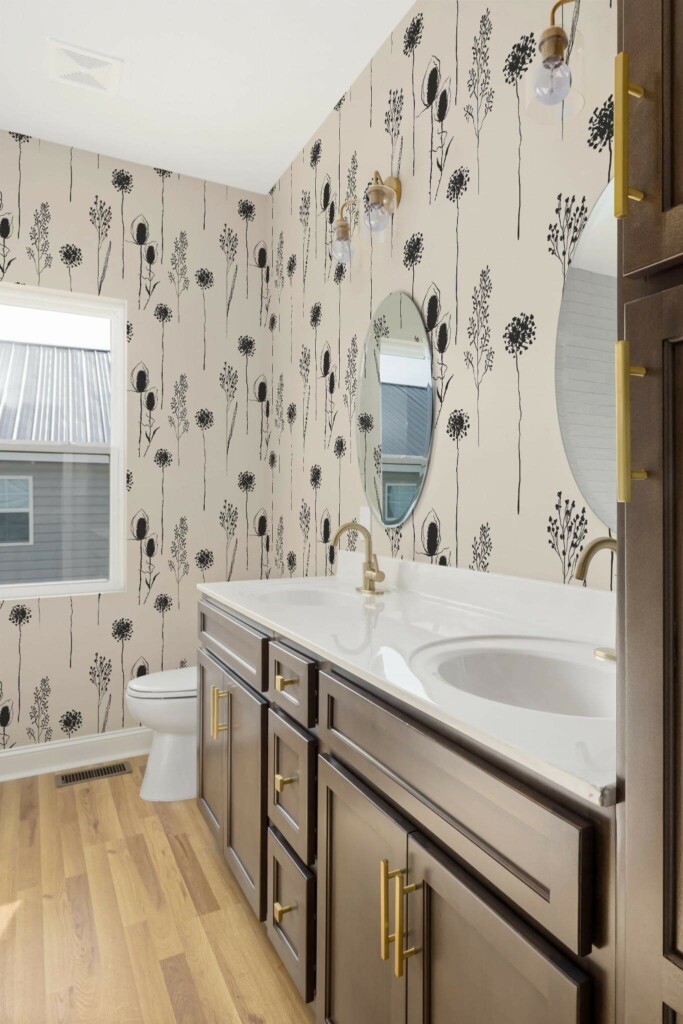Modern rustic style powder room decorated with Minimalistic flower peel and stick wallpaper