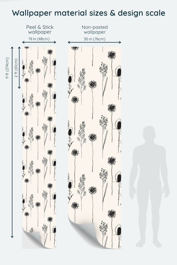 Size comparison of Minimalistic flowers Peel & Stick and Non-pasted wallpapers with design scale relative to human figure