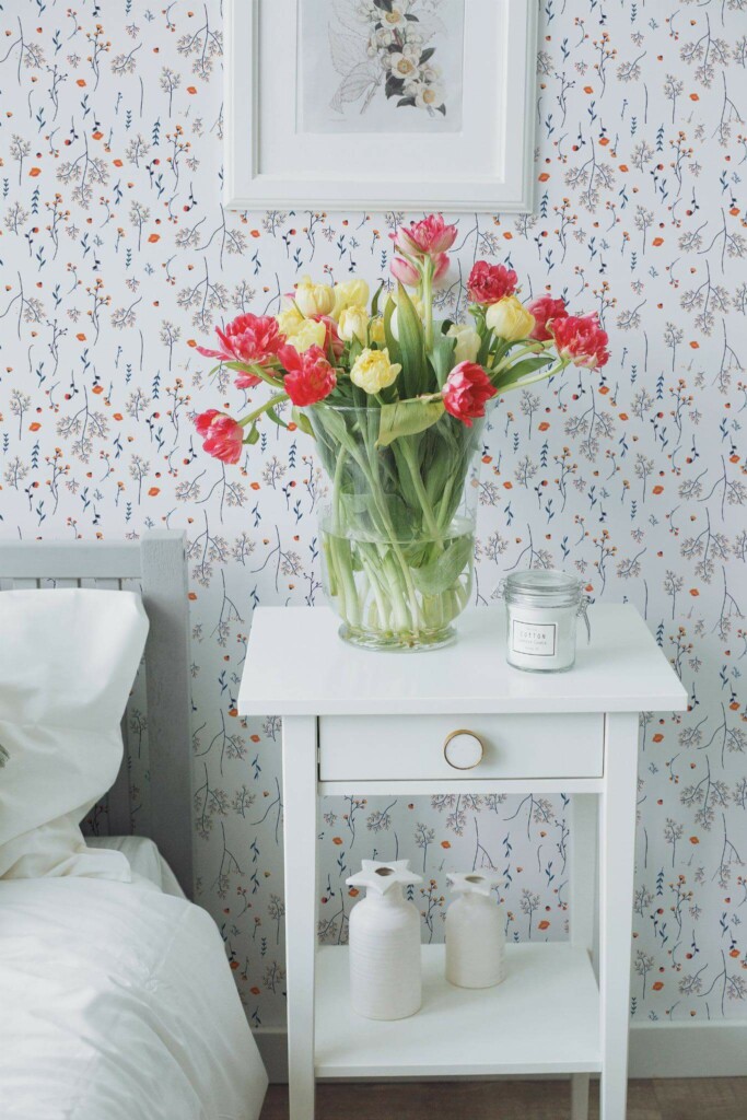 Farmhouse style bedroom decorated with Minimalistic orange flowers peel and stick wallpaper
