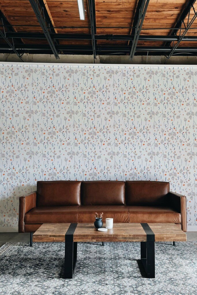 Industrial rustic style living room decorated with Minimalistic orange flowers peel and stick wallpaper