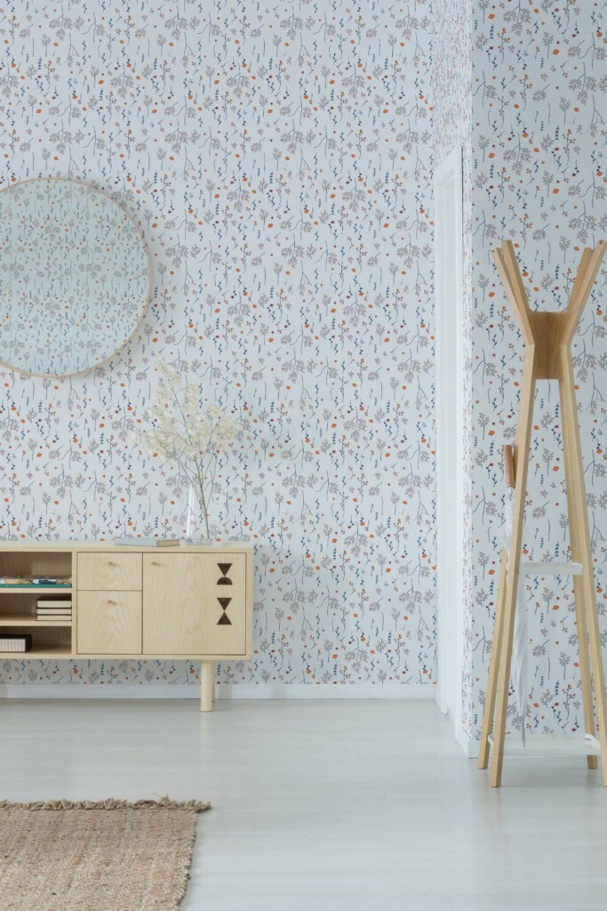Minimal style entryway decorated with Minimalistic orange flowers peel and stick wallpaper