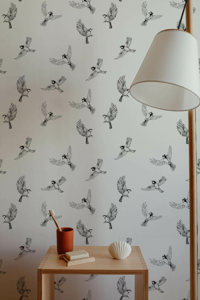Minimal style bathroom decorated with Minimalistic sparrow peel and stick wallpaper