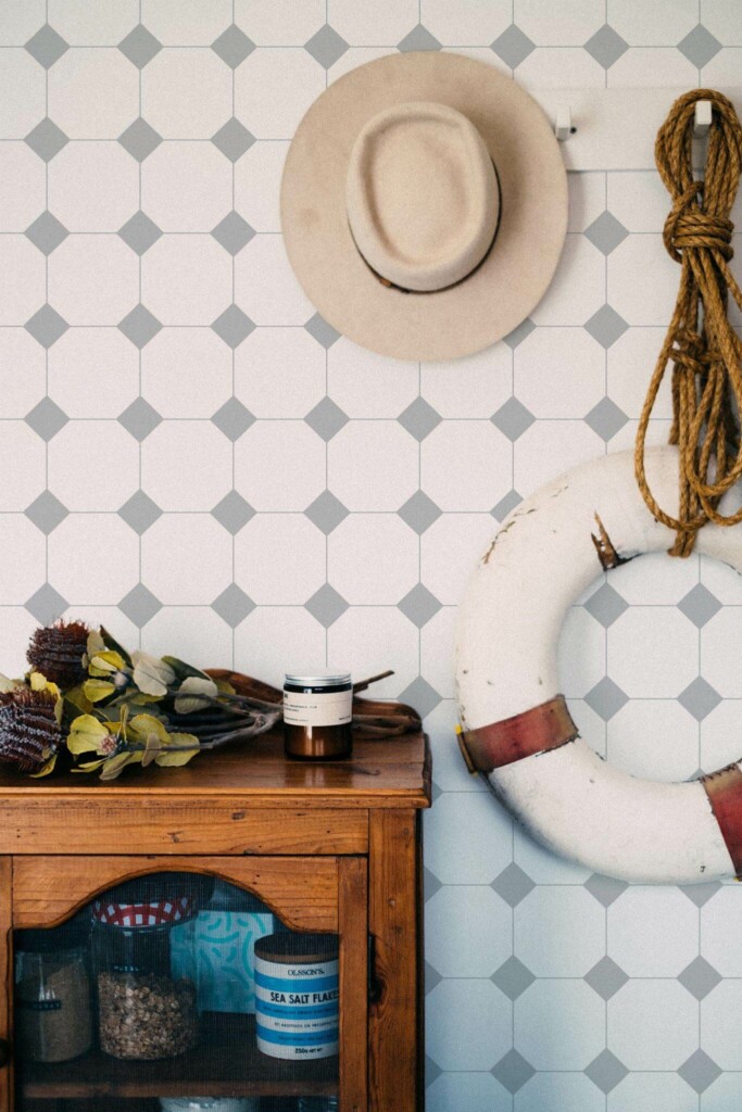 Coastal nautical style living room decorated with Minimalistic tile peel and stick wallpaper