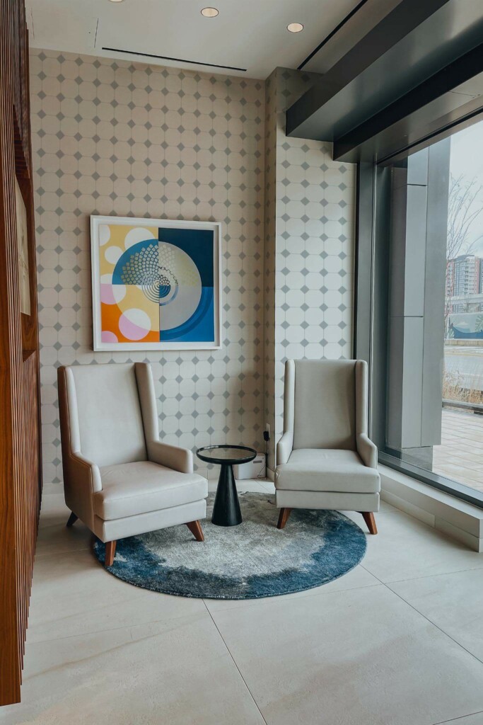 Mid-century-modern style living room decorated with Minimalistic tile peel and stick wallpaper