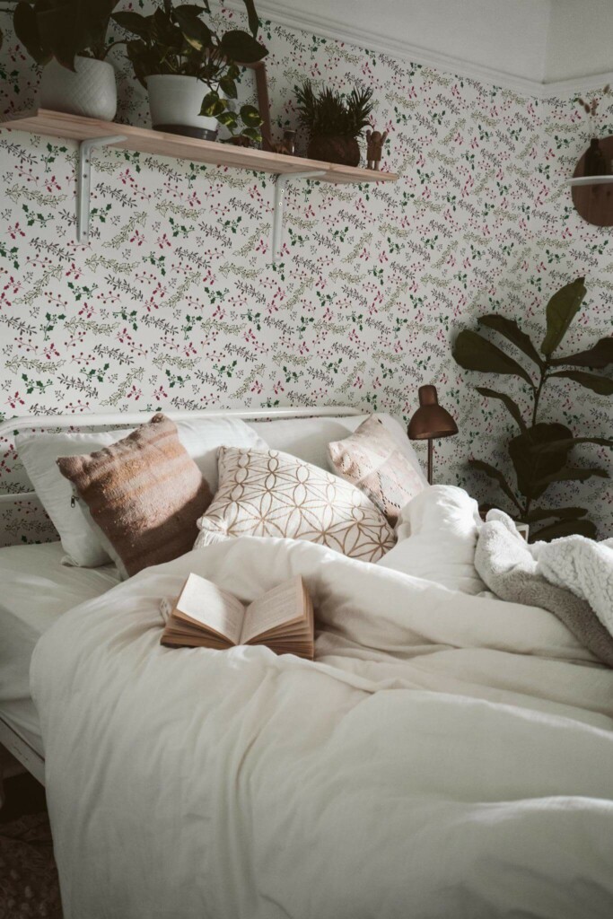 Boho style bedroom decorated with Mistletoe leaf peel and stick wallpaper