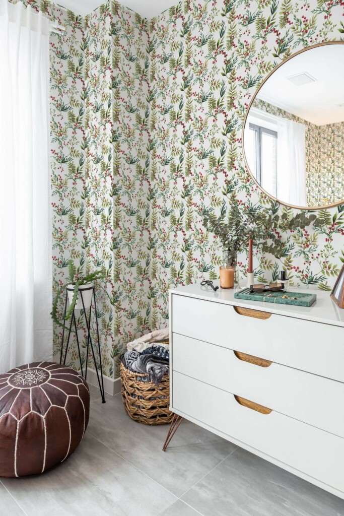 Scandinavian style bedroom decorated with Mistletoe peel and stick wallpaper and Mediterranean accents