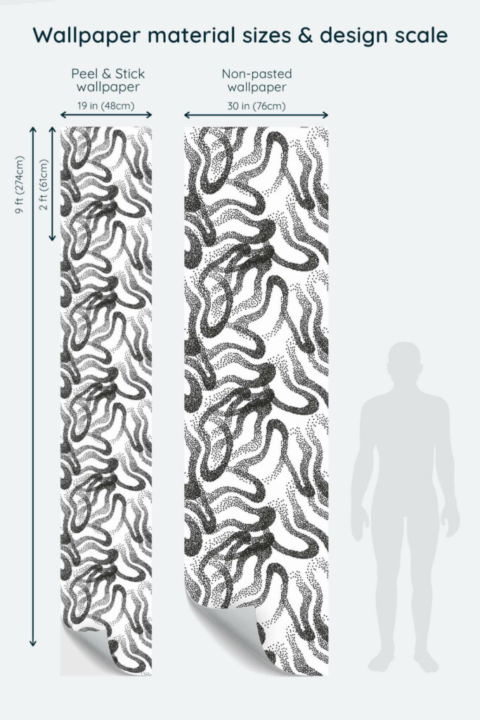 Size comparison of Modern abstract Peel & Stick and Non-pasted wallpapers with design scale relative to human figure