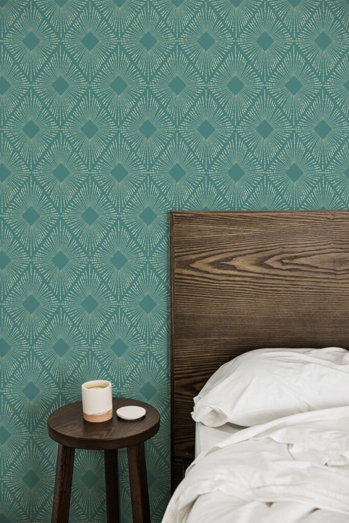 Farmhouse style bedroom decorated with Modern Art deco geometric peel and stick wallpaper