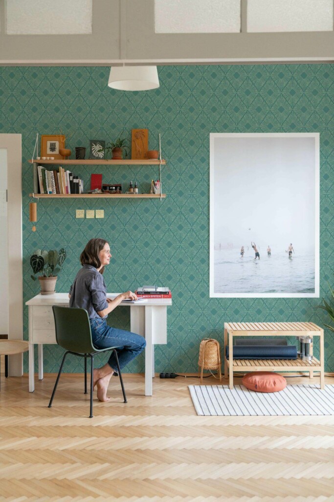 Simple Coastal style home office decorated with Modern Art deco geometric peel and stick wallpaper