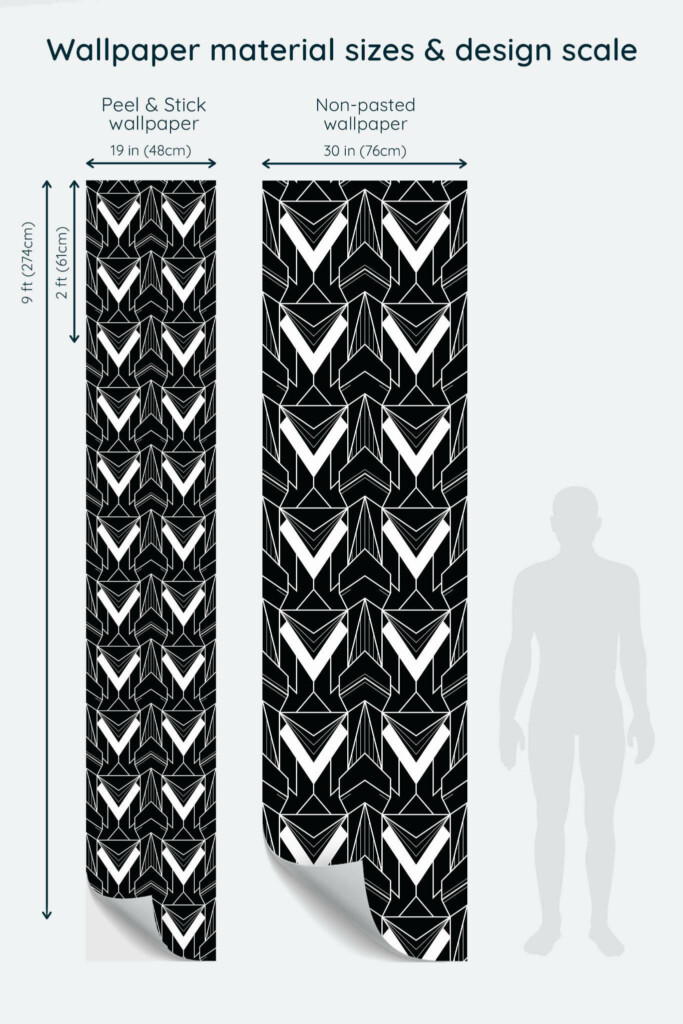 Size comparison of Modern Art Deco Peel & Stick and Non-pasted wallpapers with design scale relative to human figure