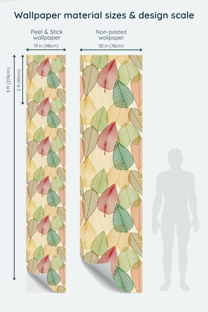 Size comparison of Modern autumn leaf Peel & Stick and Non-pasted wallpapers with design scale relative to human figure
