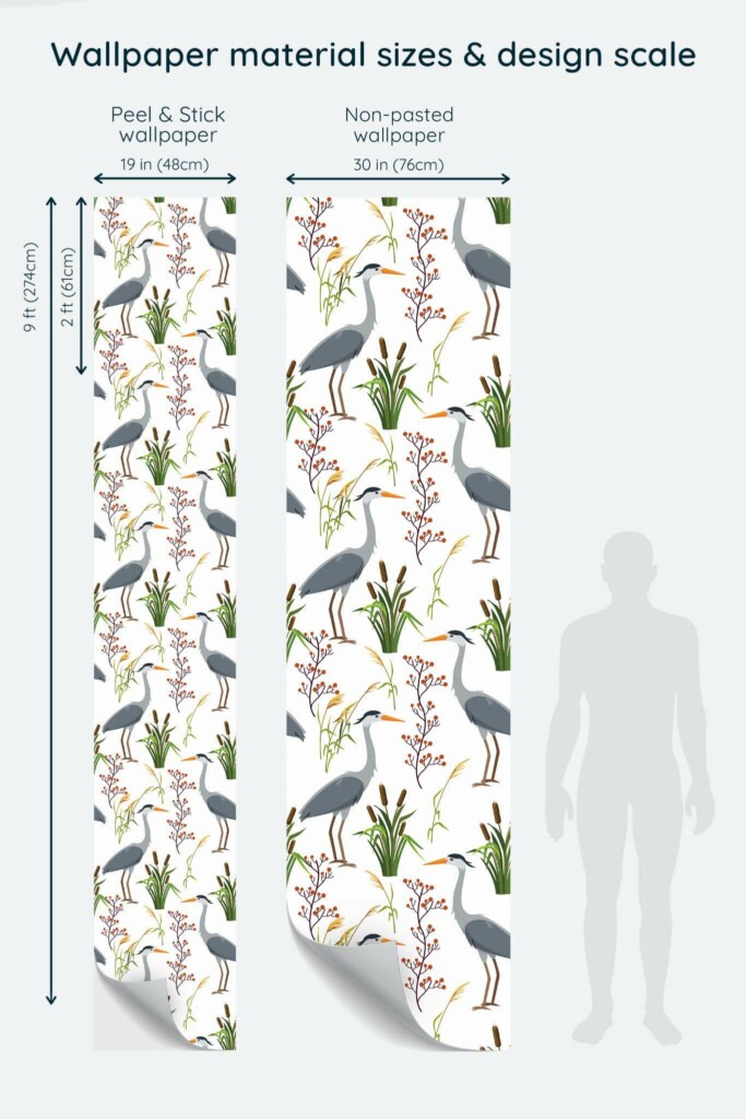 Size comparison of Modern bird Peel & Stick and Non-pasted wallpapers with design scale relative to human figure