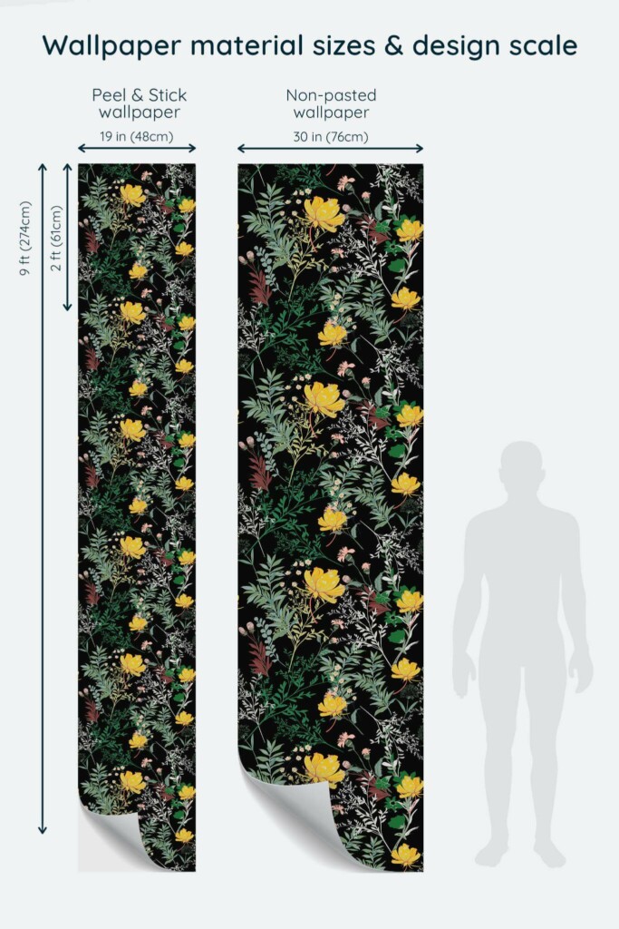 Size comparison of Modern floral Peel & Stick and Non-pasted wallpapers with design scale relative to human figure