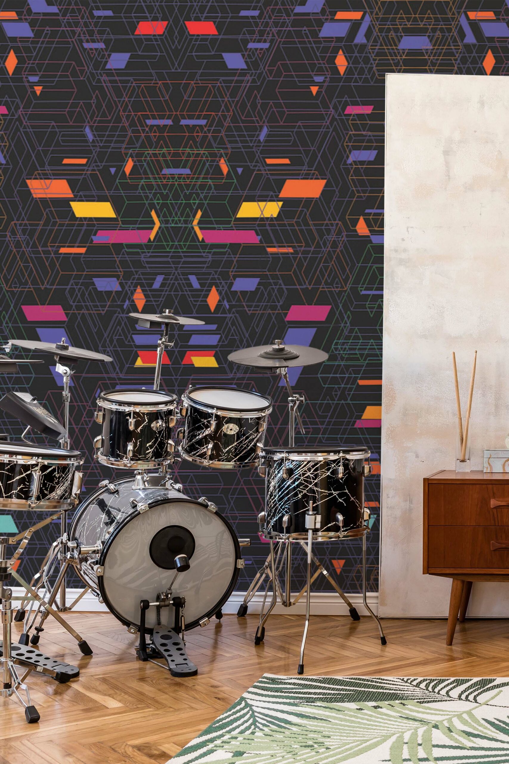 Black Geometric wall paper mural by Fancy Walls for Gaming enthusiasts