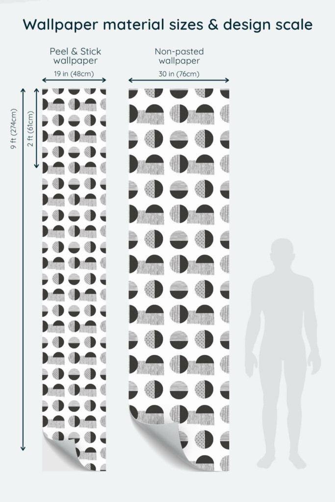 Size comparison of Modern geometric circles Peel & Stick and Non-pasted wallpapers with design scale relative to human figure